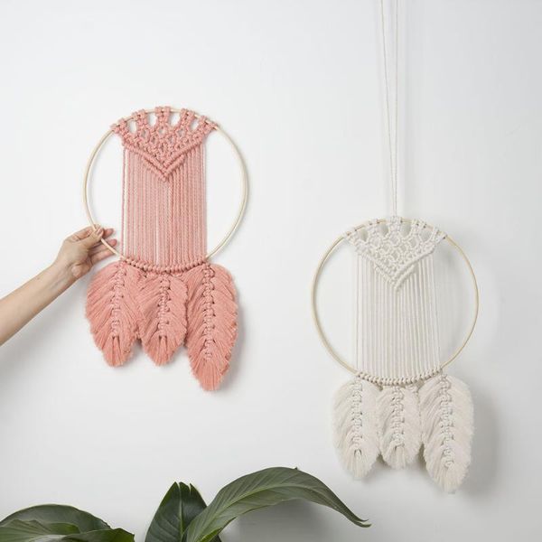 

tapestries macrame feather leaf dream catcher diy fringed tapestry ins wall hanging hand-made bohemian decorative