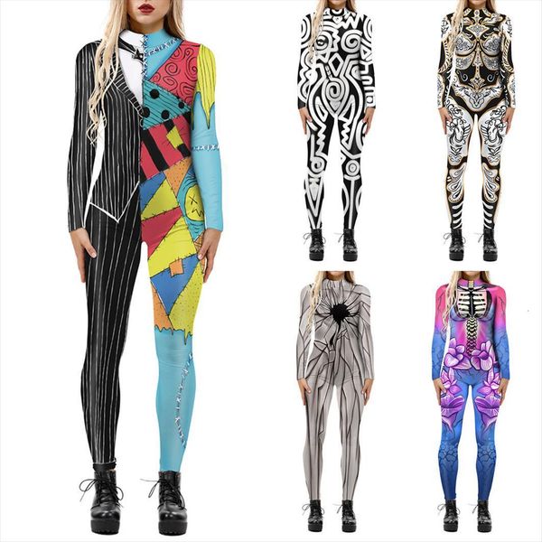 

fashion boho halloween print womens jumpsuits long sleeve slim costumes zipper ropa mujer, Black;white