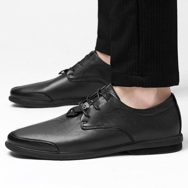 

men's genunie leather casual shoes outdoor moccasins men flats brand spring fashion lace up oxfords sneakers dress, Black