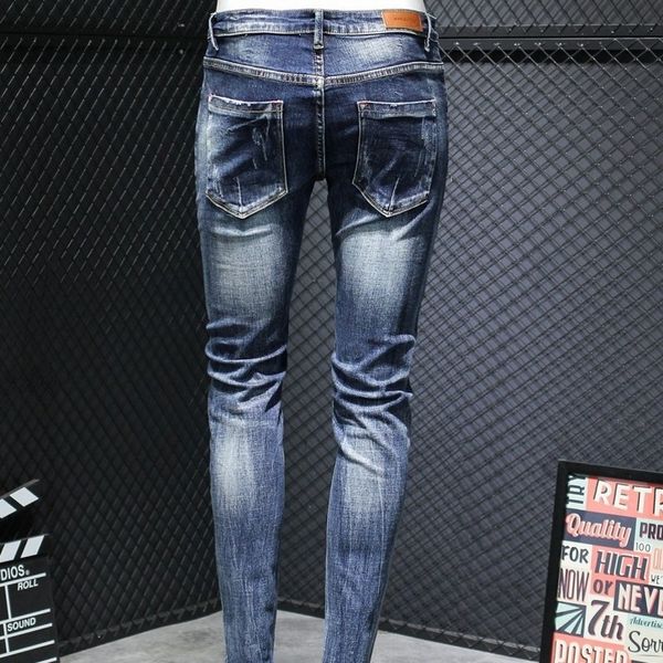 

men's jeans dark blue washed casual men's fashions denim fine pencil autumn zipper vintage street biker pants 28-36 9678