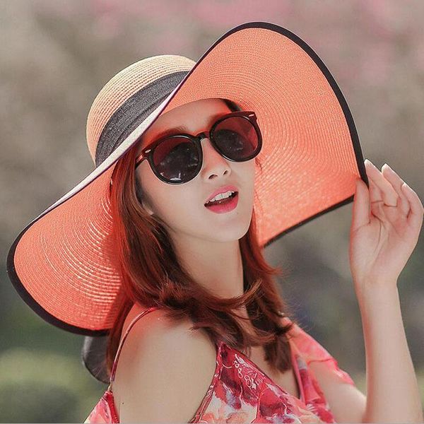 

ladies summer sun hat all-match protection travel big-edge foldable beach butterfly straw wide brim hats, Blue;gray