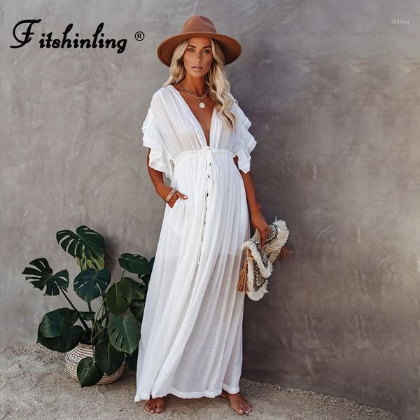 

women's swimwear fitshinling bohemian deep v neck white long dress backless ruffles button up pareos beach cover holiday slim maxi robe, White;black