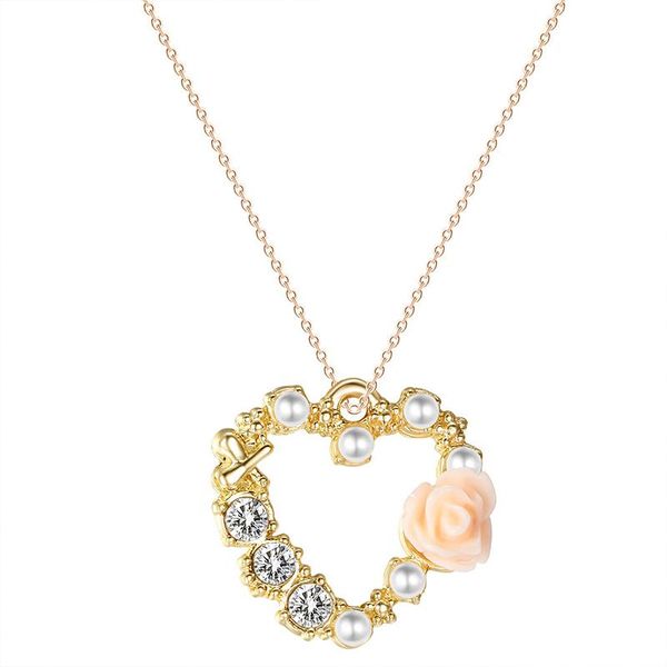 

romantic heart-shaped flower pendant necklace charming pearl crystal women's gold clavicle chain fashion valentine's day gift neck, Silver