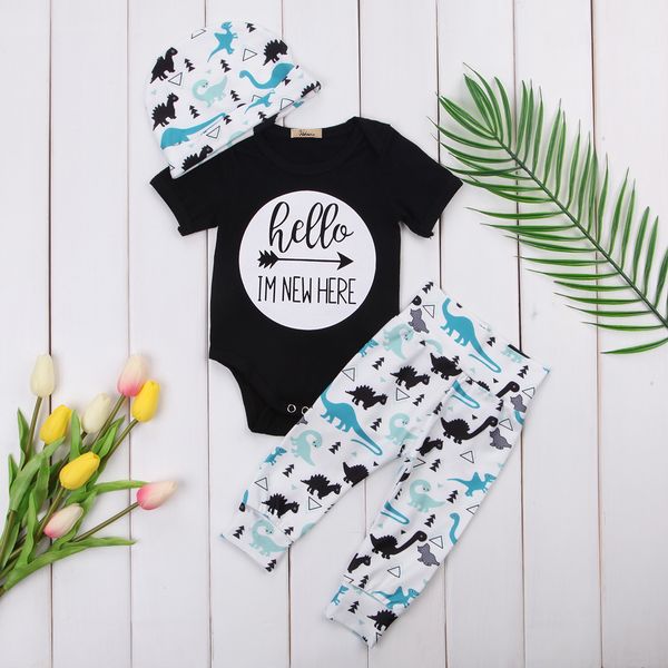 

hello im new here short sleeve bodysuit and dinosaur pant with hat 3pcs bodysuit set for baby boy clothes, White