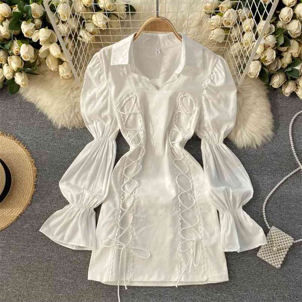 

fashion spring shirt vestidos female lace lantern sleeve lapel slim short bag hip mini dress c332 210507, Black;gray