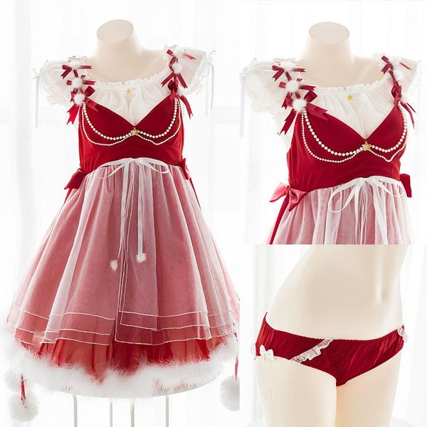

bras sets japanese soft girl christmas lingerie set kawaii cute word collar suspender skirt hollow fat underwear exotic apparel, Red;black
