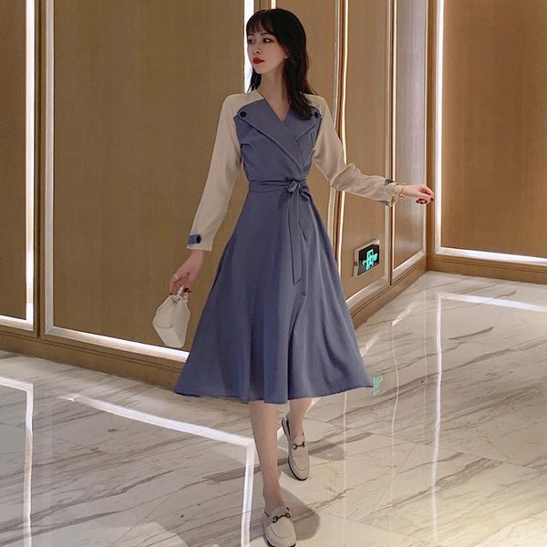 

casual dresses autumn chic women dress fashion patchwork long sleeve knee-length lady high waist turn-down collar sashes a-line, Black;gray