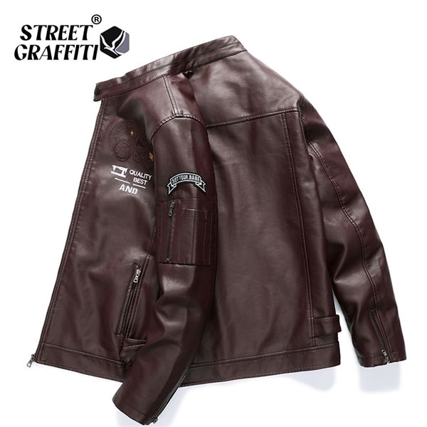 Homens inverno Casual Bordado Casacos De Couro Casacos Homens Outono Motocicleta PU PU Velo À Prova De Vento Jaqueta Motociclista Para Homem 211111