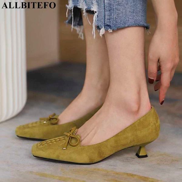 

allbitefo bowtie genuine leather thick heels office ladies shoes heel women 210611, Black