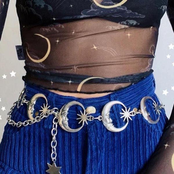 

belts women metal pendant harajuku punk moon sun vintage high waist chain all-match fashion accessories, Black;brown