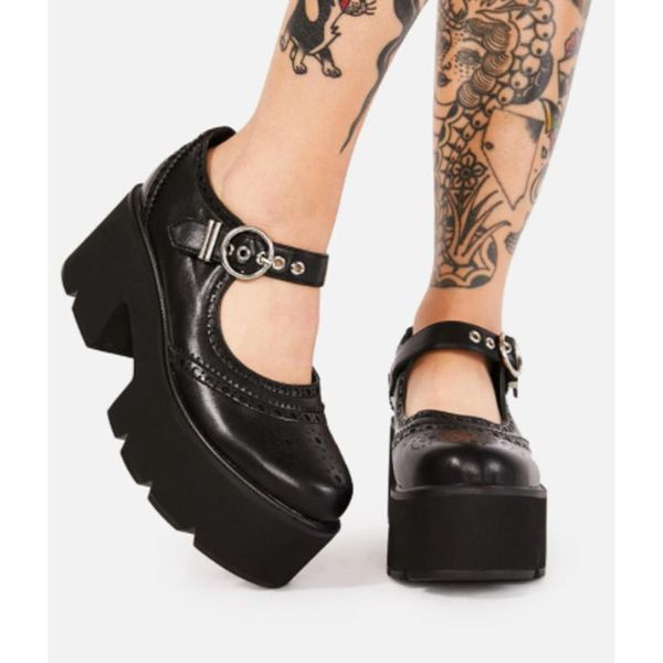 

brand female gothic marry janes buckle platform shoes solid black punk chunky women pumps high heels dress