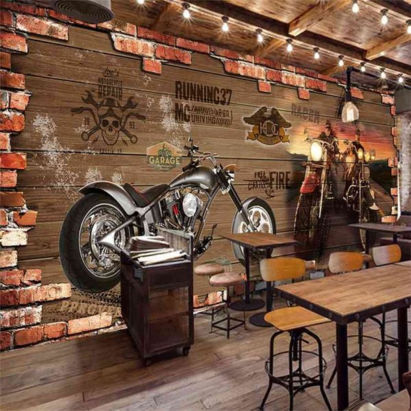 Personalizzazione personalizzata Carta da parati in mattoni per motocicli retrò Ristorante Cafe Decorazioni creative 3D Murale in rilievo Papel De Parede 3 D 210722