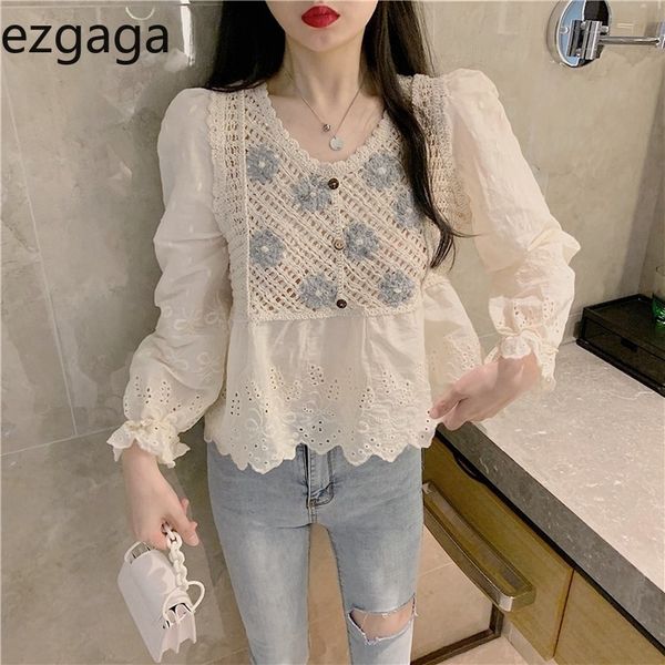 

ezgaga sweet shirts women v-neck long sleeve patchwork hollow out spring fashion korean chic loose flower blouse casual 210430, White