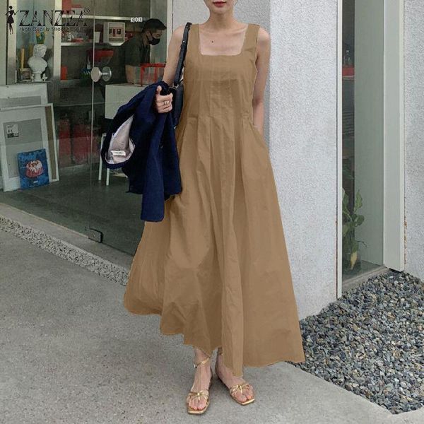 

casual dresses women pleated strap sundress oversize summer robe sleeveless midi dress elegant solid sqaure neck vestidos female, Black;gray