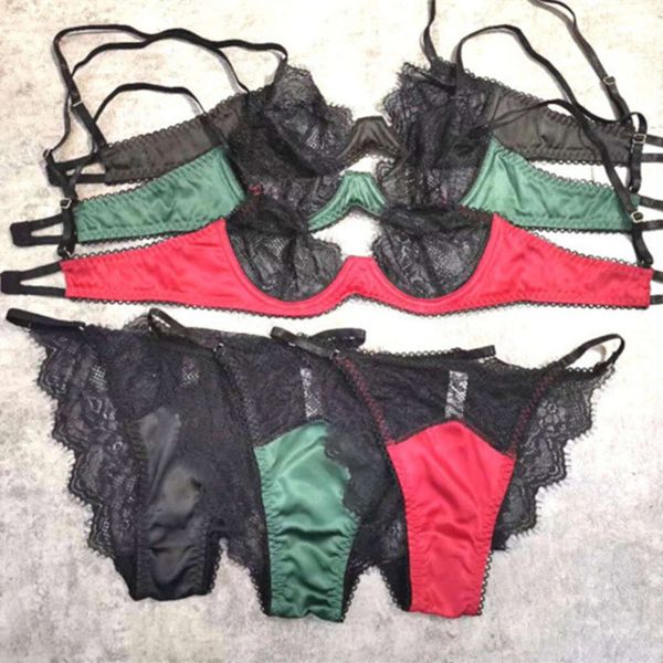 

new stitching satin ultra lace bra perspective temptation french underwear suit thin, Black;white