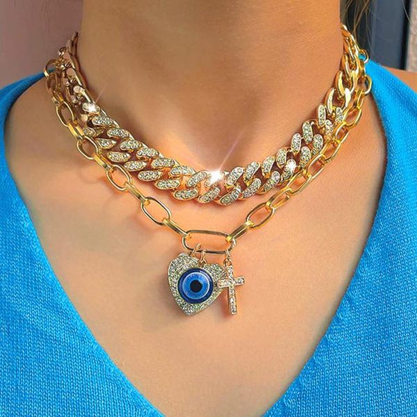 

chains 2022 turkish crystal heart evil eye cross metal chain necklace for women golden shiny cuban link choker necklaces jewellery, Silver