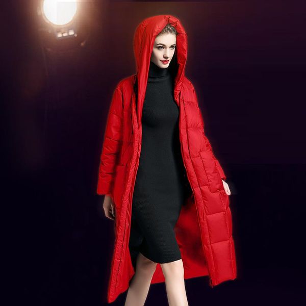 

women's wool & blends 2021 autumn and winter fashion high-end ladies hooded white duck down padded jacket long over the knee commuter, Black