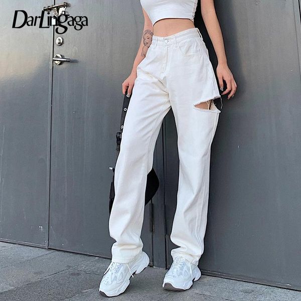 

women's pants & capris darlingaga fashion ripped hole white denim women straight streetwear jeans solid high waist pantalones korean st, Black;white