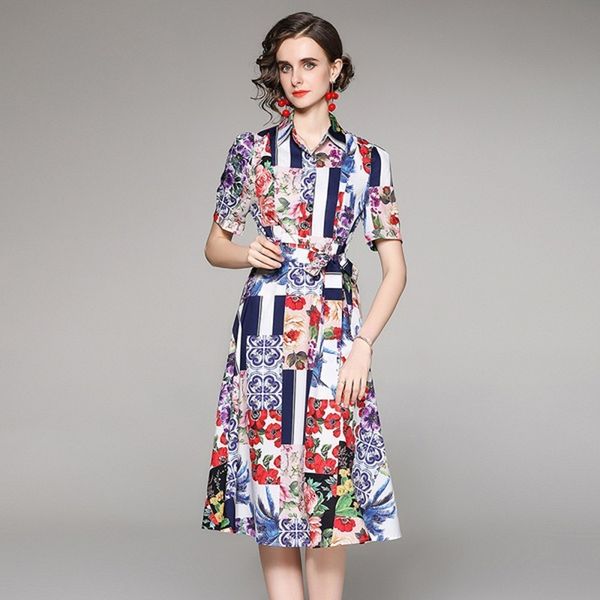 

designer runway flower print summer women short sleeve turn down collar slim midi vintage dress vestidos 210514, Black;gray