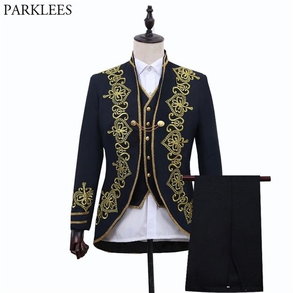 

luxury gold embroidery black suit men party wedding satge suits men stand collar tuxedo 3 pieces suit (jacket+pants+vest) terno 210522, White;black