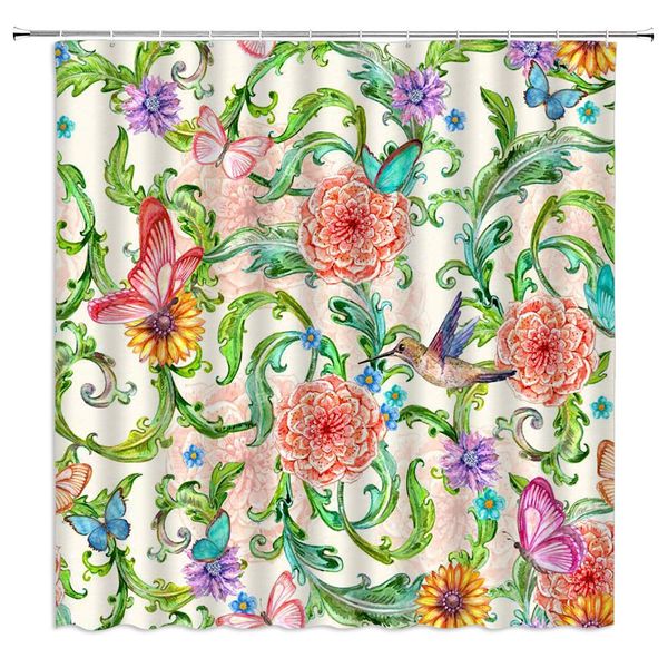 

watercolor flowers shower curtain bohemian pattern spring multicolor flowers butterflies green branches leaves vines,70x70 inch
