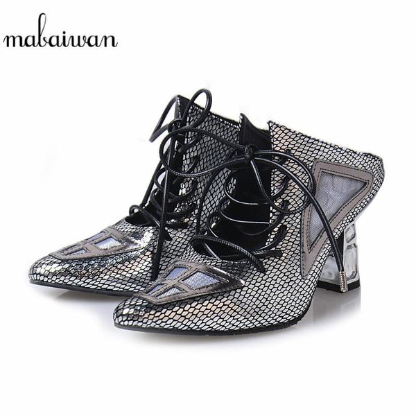 

mabaiwan women casual shoes summer sandals lace up hollow high heel party flip flops genuine leather woman gladiator pumps, Black