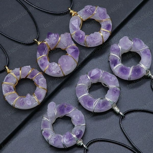 Arame envolto pedra natural ametista pingente colar 35mm donut pingente irregular curar cristal colar colares para mulheres moda jóias