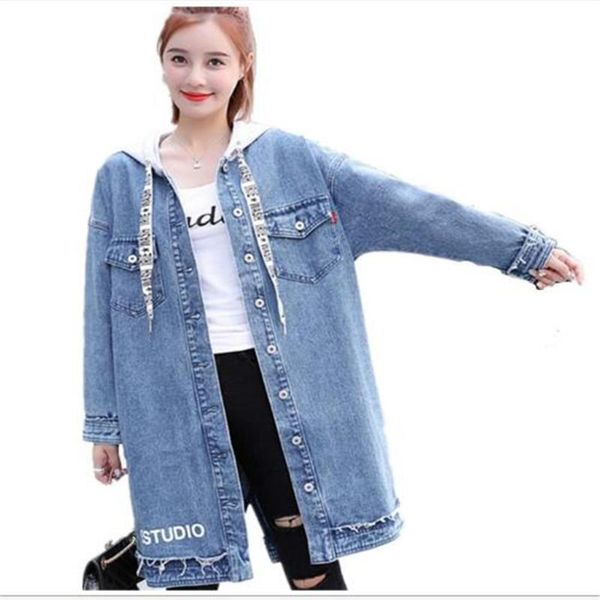 

women's jackets 2021 spring autumn hooded mid-length loose windbreaker denim jacket coat outerwear, Black;brown