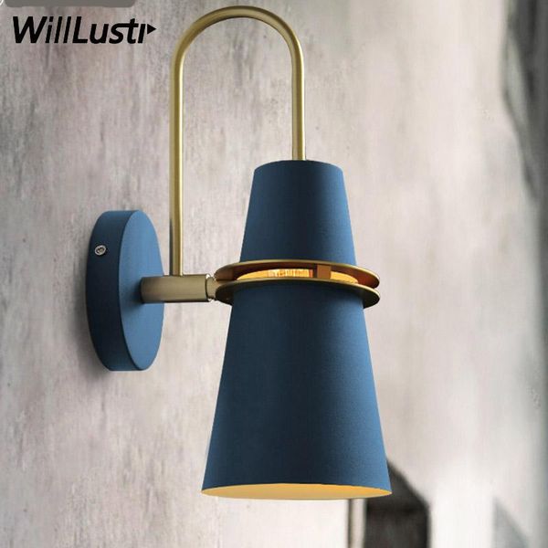 

iron shade macaron color wall light horn bedside kitchen el restaurant lamp 3 colors black blue white nordic trumpt sconce lamps