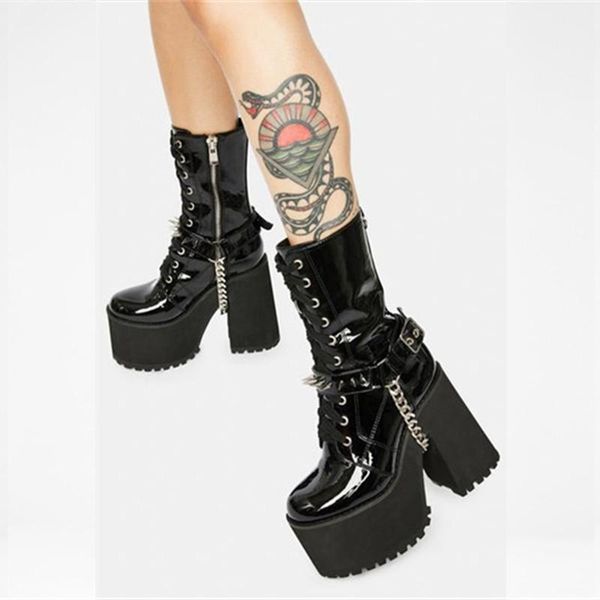 

boots mkkhou fashion short women winter black patent leather rivet chain thick-soled thick-heeled punk mid-tube