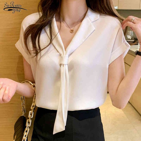 

summer short sleeve chiffon blouse women casual v neck elegant shirts solid color female clothing blusas mujer 14352 210508, White