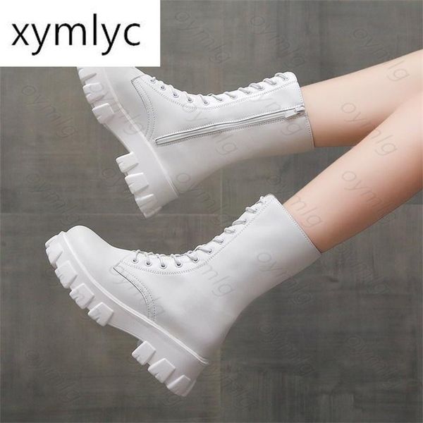 

boots 2021 mid calf women autumn winter fashion lace-up zipper botas mujer sports platform heel ladies shoes, Black