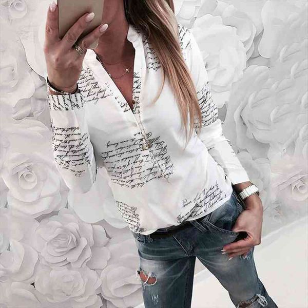 

fashion v neck letters printing womens shirt button long sleeve blusas, White