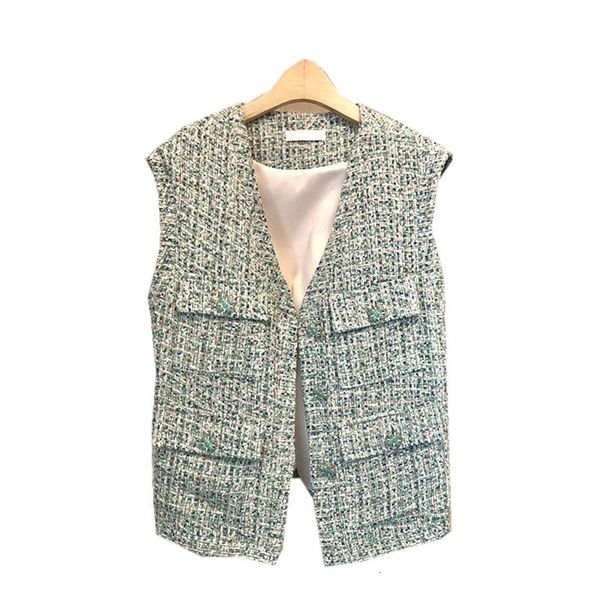

spring autumn french women plaid tweed vest jacket designer outerwears, Black;brown