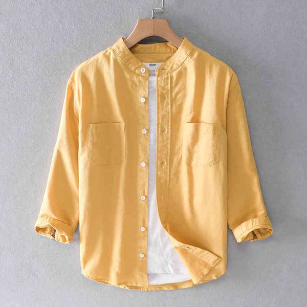 

men's t-shirts stand collar three quarter sleeve summer solid shirt brand casual for men fashion linen cotton shirts male overhemd p4w5, White;black