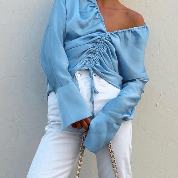 

women's blouses & shirts drawstring satin blouse elegant v neck long sleeve blue crop fashion 2021 autumn ruched casual off shoulder s, White