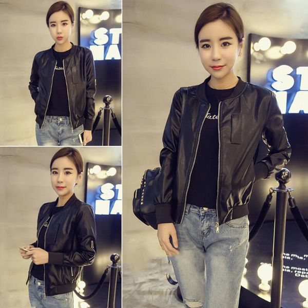 

women's jackets 2021 autumn korean version of fashion zip round neck leather jacket long sleeve solid colour hundred match thin, Black;brown