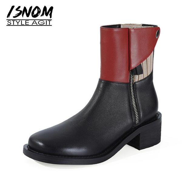 

boots isnom genuine leather women mixed colors ankle round toe zipper booties low heel shoes woman platform winter 2021, Black