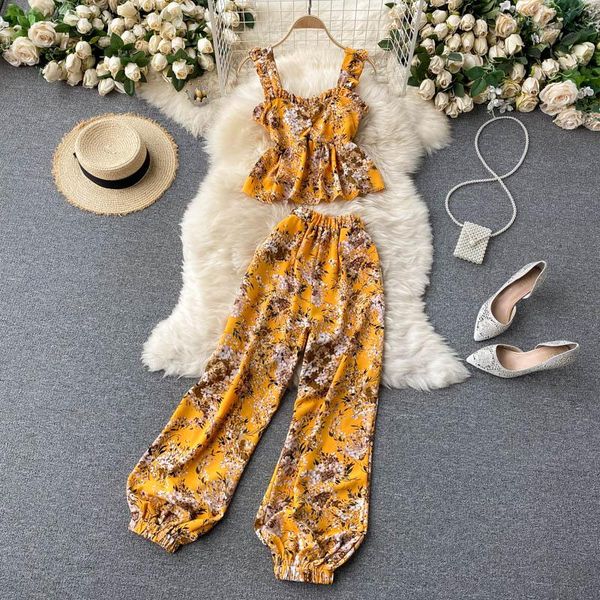

women's two piece pants singreiny women summer bohemian floral beach set sleeveless ruffles strap +high waist long, White