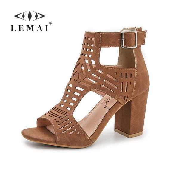 

sandals lemai 36-43 hollow peep toe for women summer casual breathable gladiator shoes square heels high, Black
