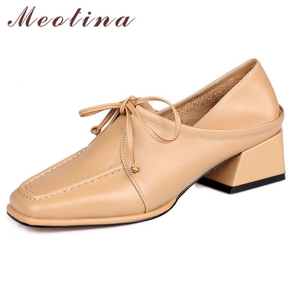 

meotina women shoes genuine leather mid heel shoes square toe block heels shoes lady lace up beautiful footwear apricot spring 210520, Black