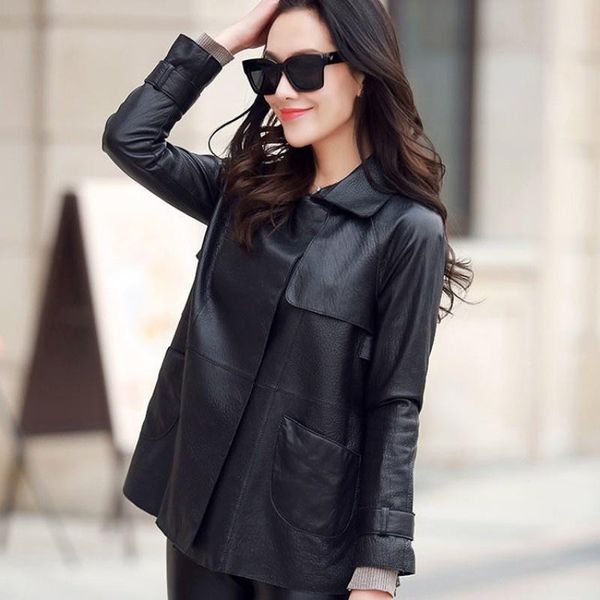 

women's leather & faux real elegant jacket women sheepskin short turn-down collar casual biker coat office streetwear loose outerwear m, Black