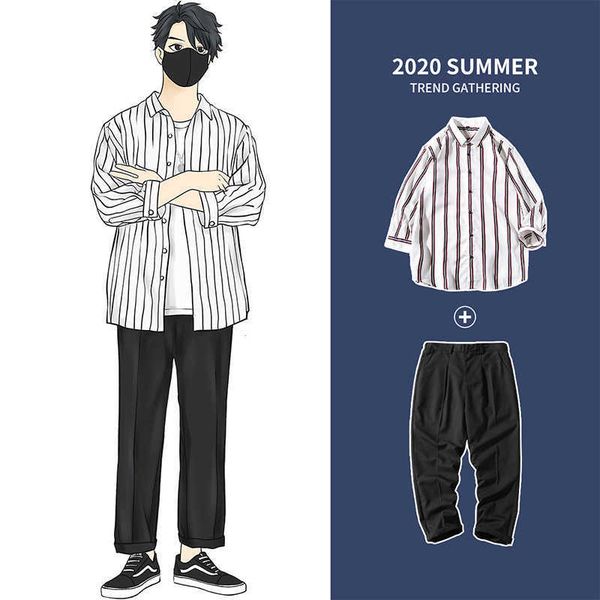

men's wear striped long sleeve shirt with pants casual suits, Gray