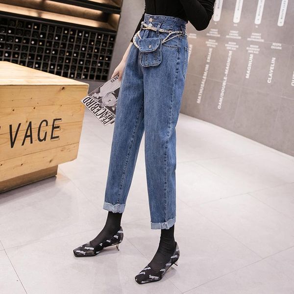 

women's jeans 2021 autumn and winter fashion chain pockets loose old pants thin straight casual net red woman's mujer, Blue