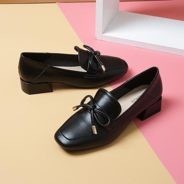 

fashion leather shoes women's autumn british style 2021 new slip on shoes thick heel loafers mid-heel large size women's, Black