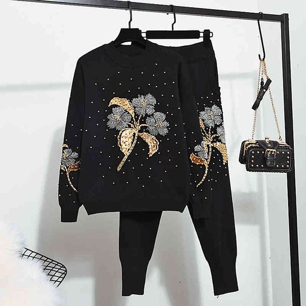 

pant autumn winter knitted two piece set women beading flower knitting sweater casual pants ladies tracksuits loose 2pcs, White