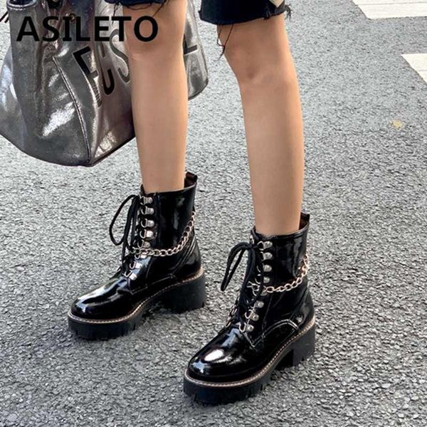 

boots asileto rock punk women shoes motorcycle zipper patent leather high heels platform cross-tied party ankle bota, Black