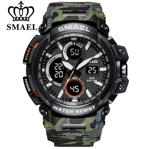 SMAEL Camouflage Military Watch Men Waterproof Dual Time Display Mens Sport Orologio da polso digitale analogico al quarzo maschile 1708 210329