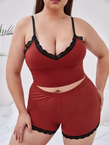 

plus rib contrast lace lingerie set g8tz#, Black;white