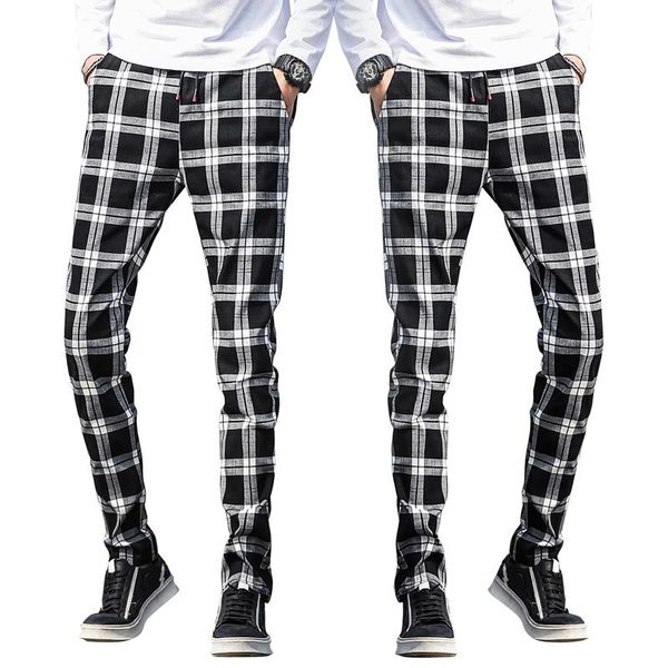 

m-5xl large size men's casual pants fashion plaid jogging, Black